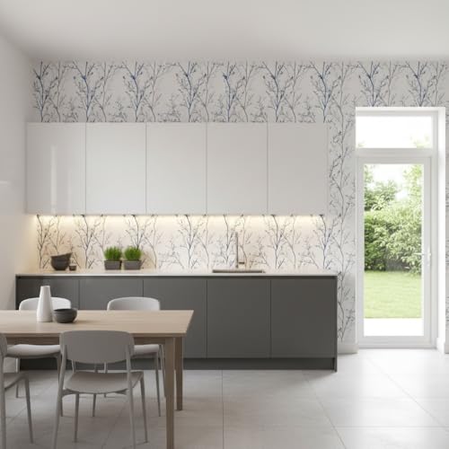 Image of Hotegxa Blue & Grey Tree Branch Pattern Wallpaper | Self-Adhesive Peel & Stick Wall Decor Sheet | Waterproof PVC Wall Sticker for Living Room, Bedroom & Home (45x300 cm)