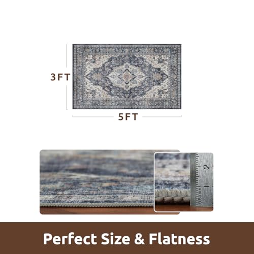 AMOAMI-3X5 Area Rug-Soft Washable Vintage Throw Accent Rugs for Living Room, Entryway, Bedroom, Kitchen, Bathroom, Laundry Room, Kitchen, Bathroom, Bedside, No Slip Blue