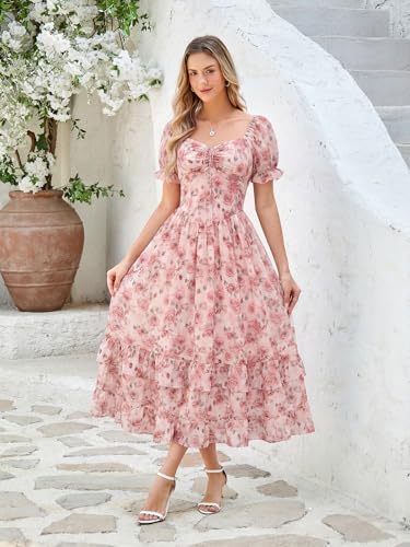 Image of Scarlet Darkness Women Floral Maxi Dress Puff Sleeve Tea Party Corset Dress | Pockets, Ruched Bust, Ruffled Hem, for Cottagecore Fairy Milkmaid Vacation
