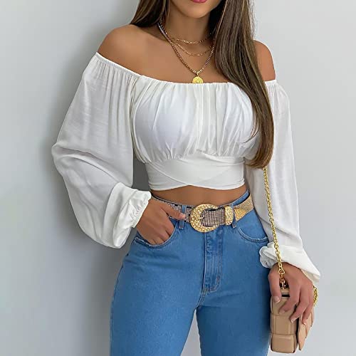 Off Shoulder Crop Top for Women Lantern Sleeve Waist Tie Blouse S-2XL2
