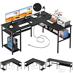 Unikito Reversible L Shaped Desk with Magic Power Outlets and USB Charging Ports, Sturdy Corner Computer Desk with Storage Shelves, Gaming Table Home Office Desk, Easy to Assemble, Black