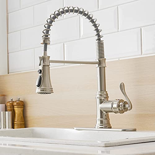 Bathlavish Pull Down Kitchen Faucet With Sprayer Brushed Nickel Bar Sink Farmhouse Single Handle 3-Mode Outlet Solid Brass Brush Pull Out Mixer Tap Commercial With 10-Inch Hole Cover Plate Lead-Free #TOP6