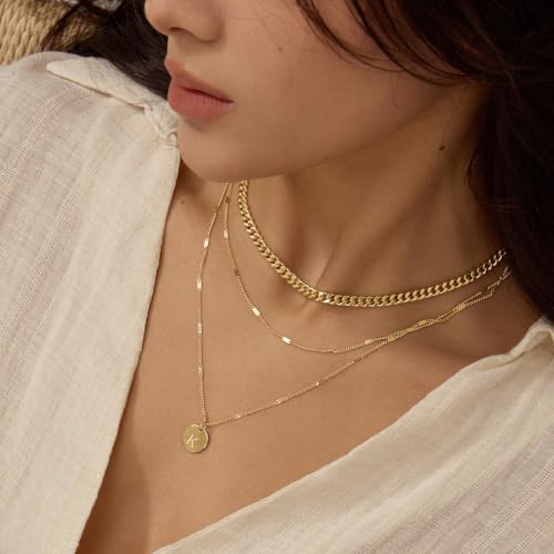 Initial Necklaces for Women Trendy, 14K Gold Plated Letter Necklace Stack Round Coin Disc Pendant Layered Choker Cuban Chain A-Z Gold Necklace Personalized Jewelry Gift Sets for Women4
