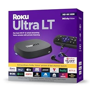 Roku Ultra LT (2023) HD/4K/HDR Dolby Vision Quad-Core Streaming Player with HDMI Cable, Headphones, Voice Remote w/ Private Listening, Ethernet