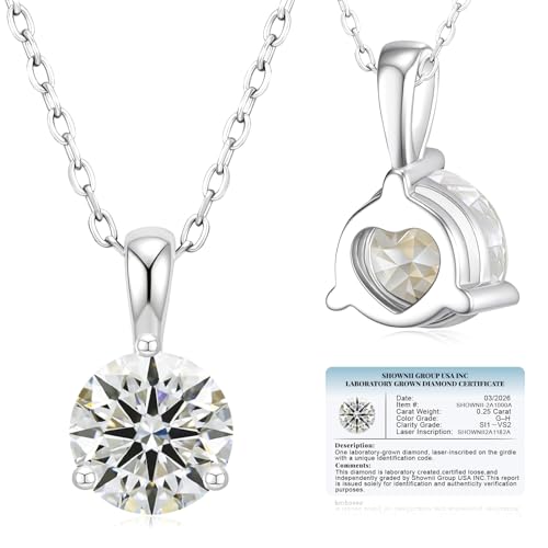 shownii Diamond Necklace Certified LAB GROWN Diamond 0.25CT Round Pendant Necklaces for Women 14K White Gold Plated Sterling Silver Womens Necklace Dainty Jewelry Present(GH Color SI1-VS2 Clarity 3 Prong)