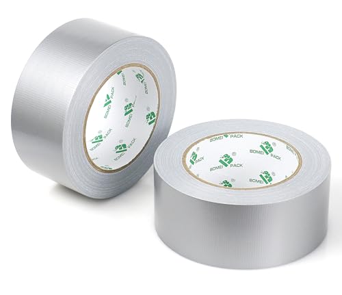 BOMEI PACK 2 Rolls Silver Duct Tape 2 inch Reinforced Waterproofs Grey Gaffer Tape 50mm x 50m Ducts Fixing Repairing DIY craft Labeling Heavy Duty Moving Boxes Sealing