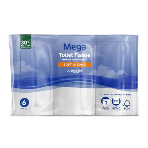 By Amazon Mega Toilet Roll 2-Ply Soft and Long 6 Rolls (1 Pack of 6) 330 Sheets per Roll - Extra Long Roll Lasts Longer
