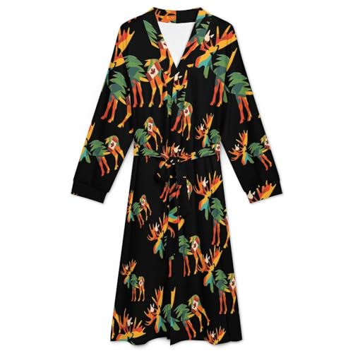 Colorful Moose Canada Flag Soft Robe Long Sleeve Bathrobes V Neck Sleepwear Spa Robes with Belt Men Woman3