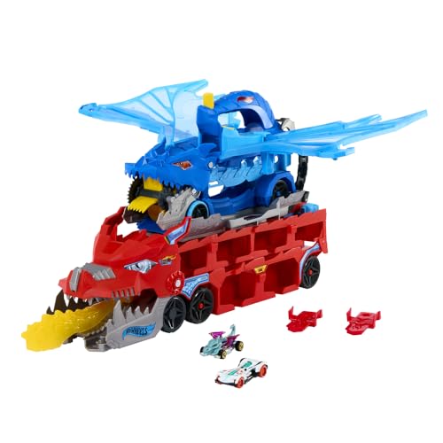 Hot Wheels City dragão transportador com ataque duplo definitivo conjunto de pista de carros de brinquedo com 2 carros metálicos, dragão em grande escala e dragão removível, JBM72