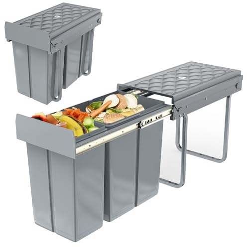 UISEBRT Poubelle de cuisine Meuble de cuisine encastrable Poubelle extensible Système de tri des déchets avec glissière Plastique Gris【1x20L+1x10L】