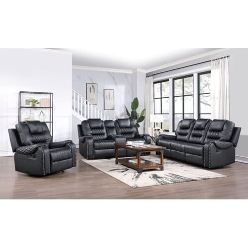 Image of Torque - Mikkel Leatherette Recliner Sofa 3+2+1 Seater Manual Black | Adjustable 6 Seater Recliner with Cup Holder Storage for Living Room Bedroom | 1 Year Warranty