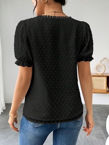Image of Shasmi Women's Elegant French Textured Fabric Solid Color Lace Panel V-Neck Jacquard Blouse,Short Puff Sleeve Tops Simple Daily Spring /Summer Casual Blouse Shirt (Top 178)
