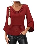 Gaharu Cocktail Tops for Women Evening Party: Bell 3/4 Sleeve - Womens Blouses and Tops Dressy Mesh Cowl Neck Office Blouses - Slim Fit Tunic Tops Wrap Shirts Date Night Wear Black Red Dots M