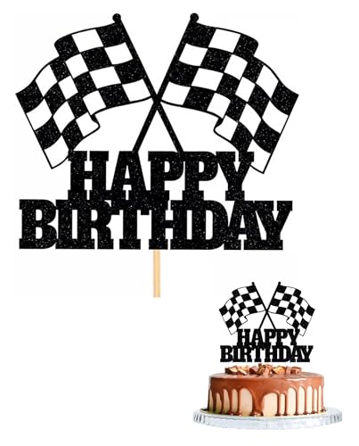 LOZTBUE Décoration Gâteau Anniversaire Thème Course avec Drapeau à Damier Noir et Blanc pour Fête Moto Voiture de Course, Idée Cadeau Enfant Garçon