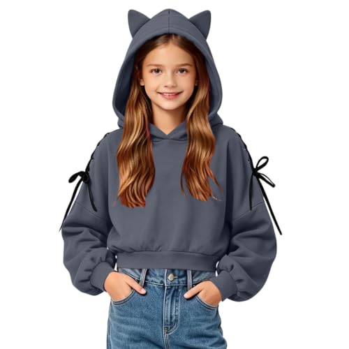 Girls Hoodies Size 10-12 Cute Cat Ear Hoodie Kids Sweatshirt with Lace Up | Girls Cat Ear Hoodie with Lace Up Sides, Puff Sleeves, Cropped, Soft, and Comfortable Wear for Kids and Teens Daily. - image 2