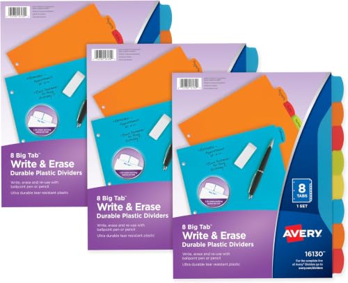 Image of Avery Big Tab Write & Erase Durable Plastic Dividers,8-Tab Set,Multicolor Brights,3 Sets (21210),(Pack of 8)