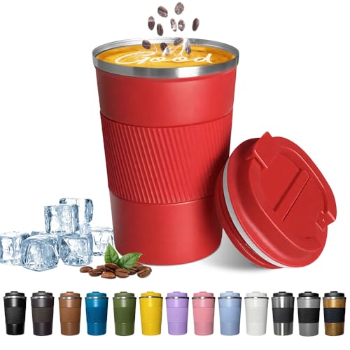 YINBAOGE Insulated Travel Coffee Mug, Spill & Leak Proof, Portable To Go Camping Stainless Steel Coffee Tumbler, Reusable Thermal Coffee Cup with Lid for Hot & Cold Drinks (Red, 17 OZ)