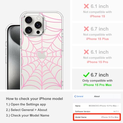 MOSNOVO for iPhone 15 Pro Max Case, Shockproof Military-Grade Protection 6.6ft Drop Tested, Clear Phone Case for iPhone 15 Pro Max, Pink Spiderweb Design by MOSNOVO - Used condition - Image 2