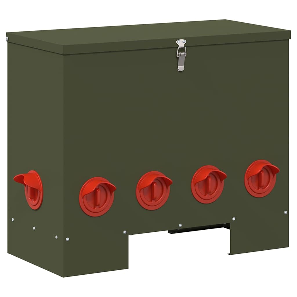 Hühnerfütterer 2 Stück Olive Grün mit 25 kg Kapazität wetterfest langlebig für Innen- und Außenbereich, Futter- und Wasserstation, automatische Dosierung, Robustes Stahldesign