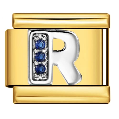 Mon & Sons R Crystal 18k Gold Letter Initial Name Tag Alphabet Personalised Birthday Silver Italian 9mm Link Stainless Steel Bracelet Charm Compatible With 9mm Link