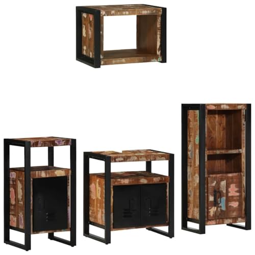 Nqyjm Juego de muebles de baño con estantería, 4 unidades, madera maciza reciclada, armario de almacenamiento para baño, cocina, lavadero LH3665033