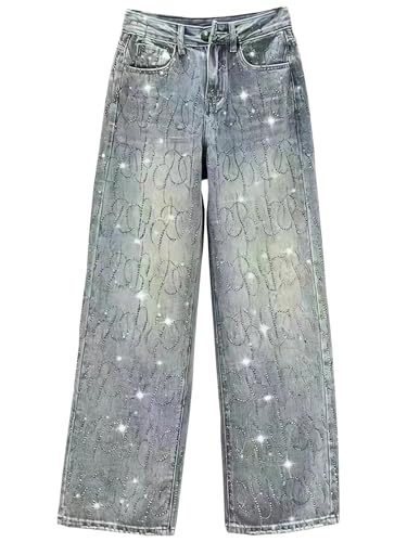 Women's Diamond Jeans Shiny High Waisted Straight Leg Denim Pants Loose with Pocket Jeans