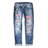 Leopard Print Ripped Boyfriend Jeans for Women - High Waist Denim Baggy Patchwork Distressed Washed Cowboy Jeans - Dark Blue With Pink Leopard
