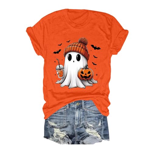 2025 - Camiseta casual de manga corta con estampado de Halloween para mujer, divertida, cómoda y elegante Blusa negra para mujer elegante, naranja, M
