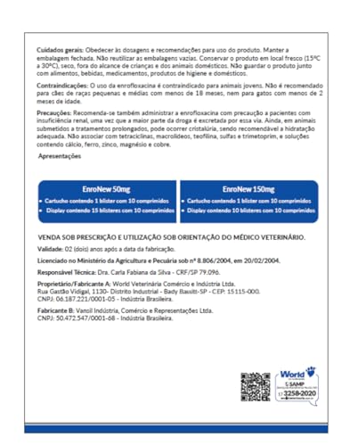 Enronew 150mg Antibiótico Amplo Espectro Fácil Administração Infecção Respiratória Urinária Cães Gat
