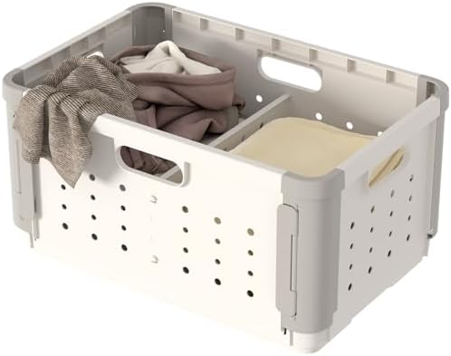 HAIXIN HOME 42L Plastic Laundry Basket with Divider for Pre-Sorting, Stackable Storage Bins with Hidden Wheel for Clothes Toy Storage, Portable Dirty Clothes Laundry Hamper, Storage Basket for Shelves