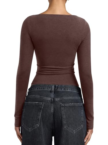 PINKMSTYLE Womens Boat Neck Basic Fall Winter Long Sleeve Tops Slim Fit Business Casual Going Out Top Brown XX-Large — view 5