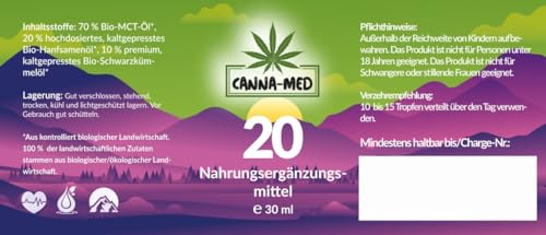 CANNA-MED - Premium Nr. 20 mit 30ML (750 Tropfen) extra starkes und hochdosiertes Hanfsamenöl - Vital Hanfsamenöl - 100% Natur - Hanftropfen mit Omega 3-6-9