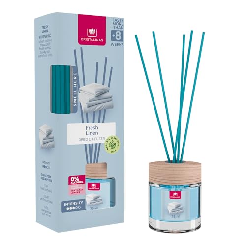 Cristalinas 35ml Fresh Linen Air Fresheners - Reed Diffuser Home Fragrance Lasts upto 8 weeks - Room Diffuser Sticks with Coloured Fragrance Oil