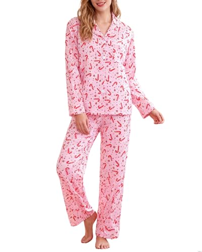 Image of Xumplo Womens Christmas Pyjamas Ladies Festive Candy Cane Print Xmas Pjs Sets Adult Button Tops + Pants Nightwear-M Pink