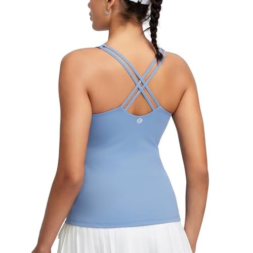 RUNNING GIRL Womens Workout Tank Tops with Built in Bra,Crisscross Back Padded Athletic Compression Shirts Yoga Tops(BX3183_Light Blue_S)