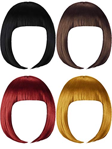 WILLBOND 4 Pieces Colorful Bob Wigs Short Party Colored Wig Hair Costume Cosplay Daily Party Hairpiece for Women Girls Decoration(Brown, Dark Gold, Black, Red Wine)