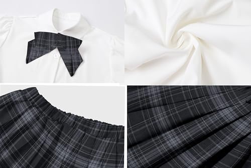 Image of Betusline Girls Skirt Set JK School Uniform 2-Piece Outfit - Short Sleeve Shirt with Bow & Pleated Skirt 4T-14Y