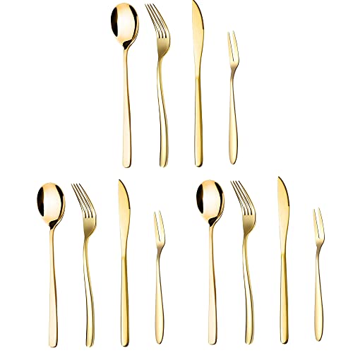 Image of aDai Set of 12 Luxury Gold Cutlery Set - Daily Use Stainless Steel Mirror Finish - 3 Dinner Spoon, 3 Fork, 3 Steak Knife & 3 Fruit Fork for Home, Restaurant & Gifting