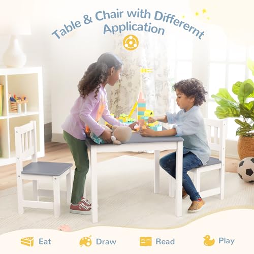 Curipeer Toddler Table and Chair Set, Kids Table and 2 Chair Set, Kids Table with Rubber Wood Legs for Children, Toddler Table and Chairs for Bedroom/Playroom/Kid\'s Room (Gray and White)