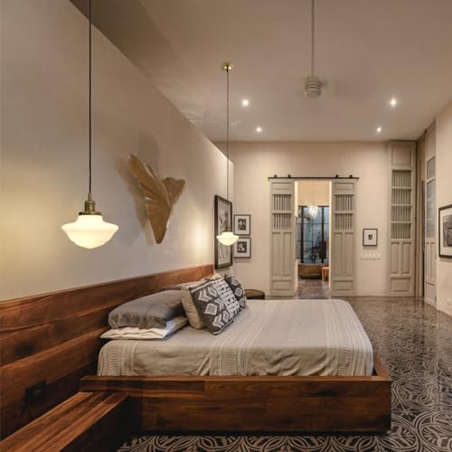 Pathson Modern Pendant Light with Milk White Glass, Vintage Ceiling Pendant Lighting Adjustable Textile Cord, Frosted Ceiling Fixture Lamp for Living Room Bedroom Kitchen Dining Room