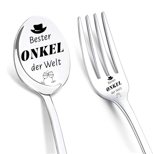 LIHIQIYA Geschenke für Onkel Weihnachten, 2er Kaffeelöffel mit Gravur, Gabeln mit Gravur, Bester Onkel Der Welt, Löffel und Gabelnl Geschenke Set, Teelöffel Kuchengabeln Geburtstagsgeschenk für Onkel