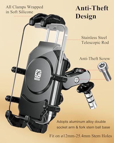 BRCOVAN Anti-Theft Motorcycle Fork Stem Phone Mount Holder with Vibration Dampener & High-Speed Secure Lock, Heavy Duty, Adjustable Size, Big Phone Friendly, Fit for 5.4-7.2'' Cellphone