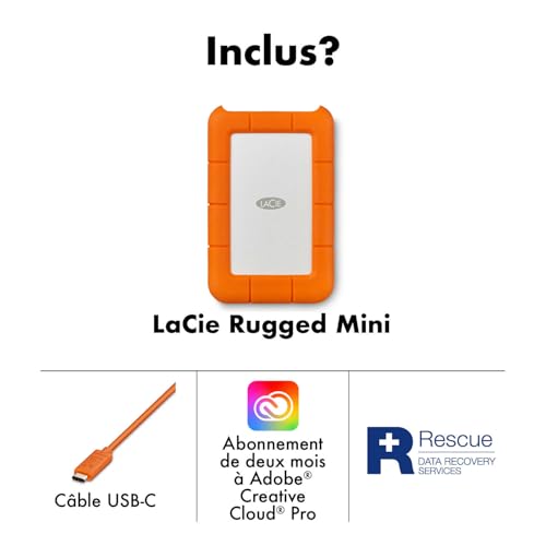 LaCie Rugged Mini 4To, Portable 2.5", Disque Dur Externe pour PC Mac iPad & iPhone, Data Rescue Service (LAC9000633)