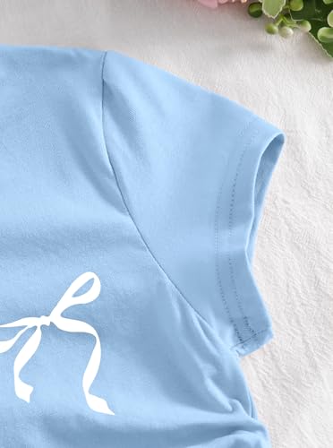 Ecolala Girls Summer Crop Ruched Short Sleeve Slim Fitted T Shirt Cute Bow Print Tops Tee Blue 11-12 Years