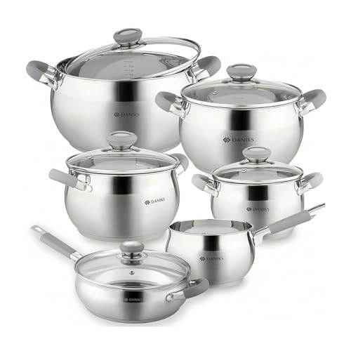 Daniks Modern 11-Piece Stainless Steel Cookware Set with Glass Lids, Includes Saucepan and Frying Pan with Lid, Tri-Ply Bases for Even Heating, Induction Compatible, Dishwasher Safe, Heatproof Handles