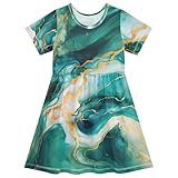 ALAZA Little Girl Dresses Short Sleeve Toddler Girls Dress Clothes Marble Green Gold 1 Fashion 2T