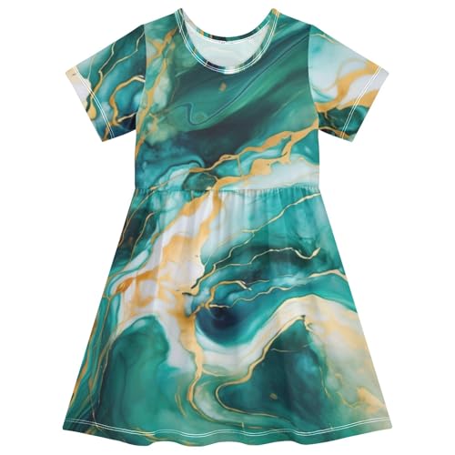 ALAZA Little Girl Dresses Short Sleeve Toddler Girls Dress Clothes Marble Green Gold 1 Fashion 2T