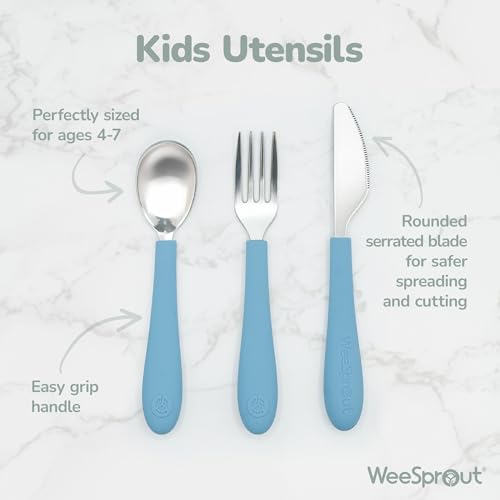 Image of Kids Stainless Steel Utensils Set - Premium 18 /8 Grade Silverware Kit - 2 Spoons, 2 Forks, and 2 Knives for Ages 4-7 - Silicone Easy-Grip Handles - Children Flatware Cutlery (Bright - Blue, Green)
