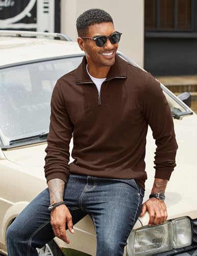 COOFANDY Men's Quarter Zip Up Pullover Mock Neck Long Sleeve Sweater Casual Corduroy Polo Sweatshirt3