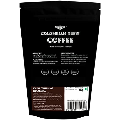 Image of Colombian Brew Coffee 100% Arabica Roasted Coffee Beans, 1 kg (Pack of 3)